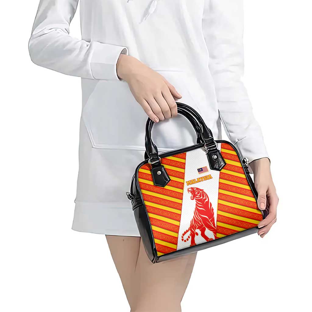 Malaysia National Crest Shoulder Handbag with Red Tiger and Traditional Batik Yellow White TS04