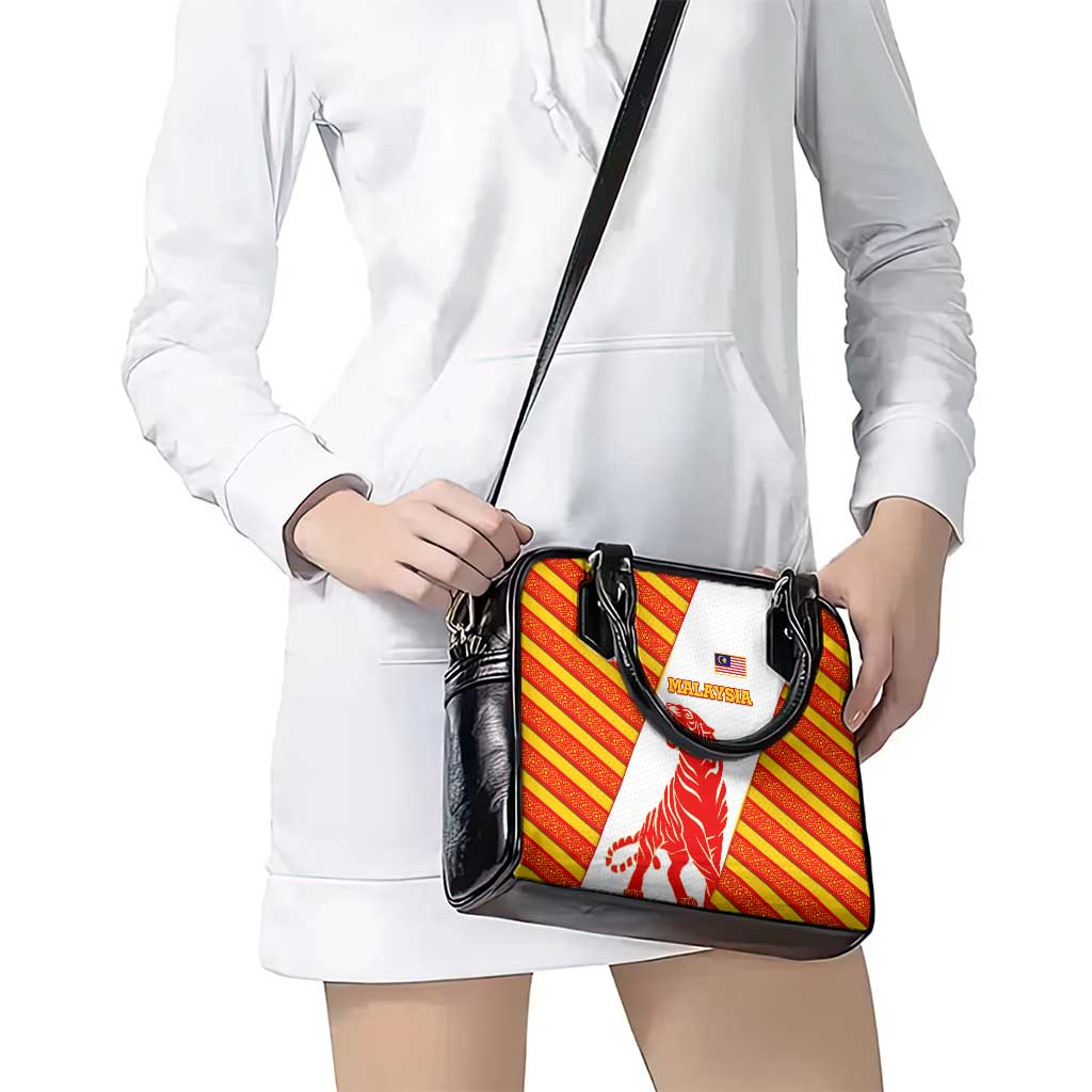 Malaysia National Crest Shoulder Handbag with Red Tiger and Traditional Batik Yellow White TS04