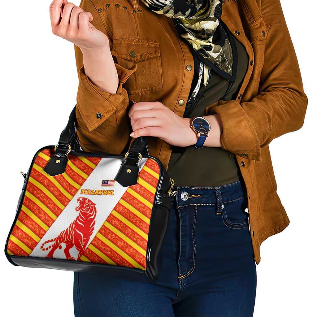 Malaysia National Crest Shoulder Handbag with Red Tiger and Traditional Batik Yellow White TS04