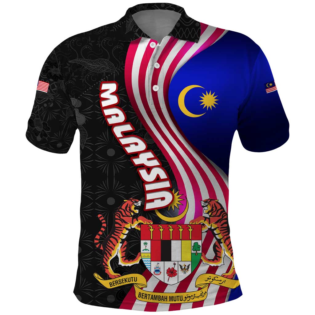 Malaysia Coat of Arms Polo Shirt with National Flag and Black Batik Pattern TS04