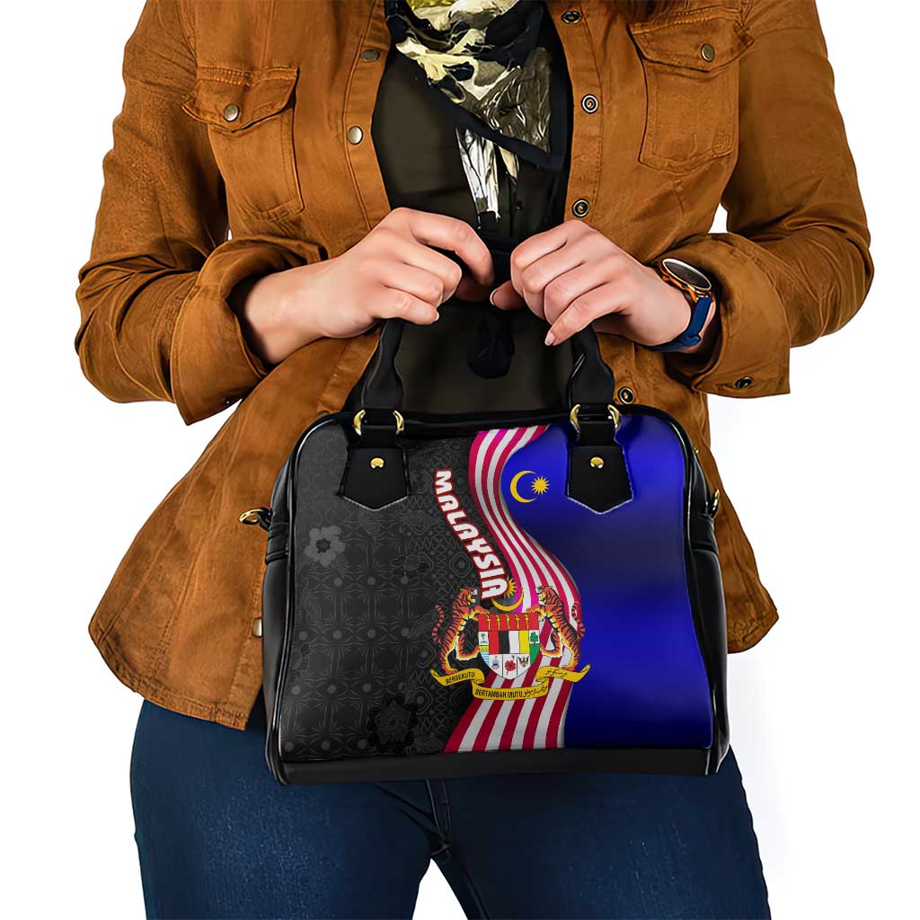 Malaysia Coat of Arms Shoulder Handbag with National Flag and Black Batik Pattern TS04