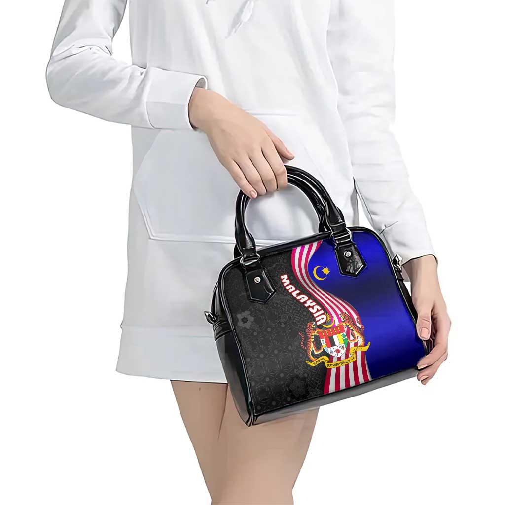 Malaysia Coat of Arms Shoulder Handbag with National Flag and Black Batik Pattern TS04