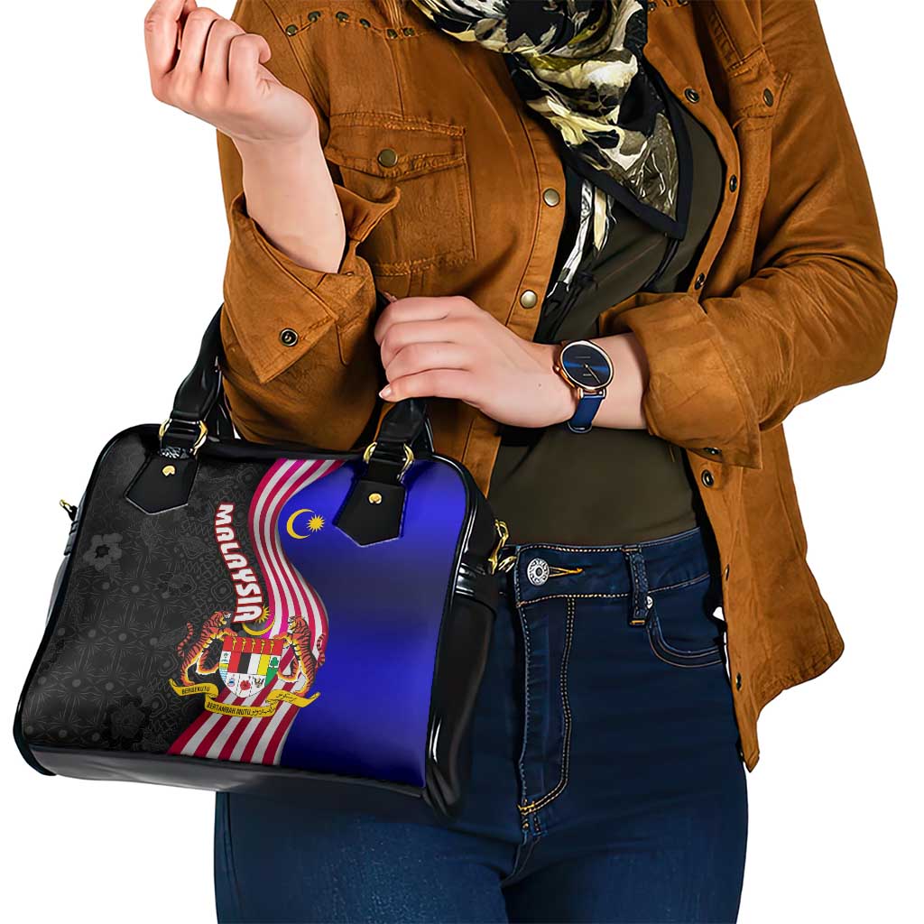 Malaysia Coat of Arms Shoulder Handbag with National Flag and Black Batik Pattern TS04