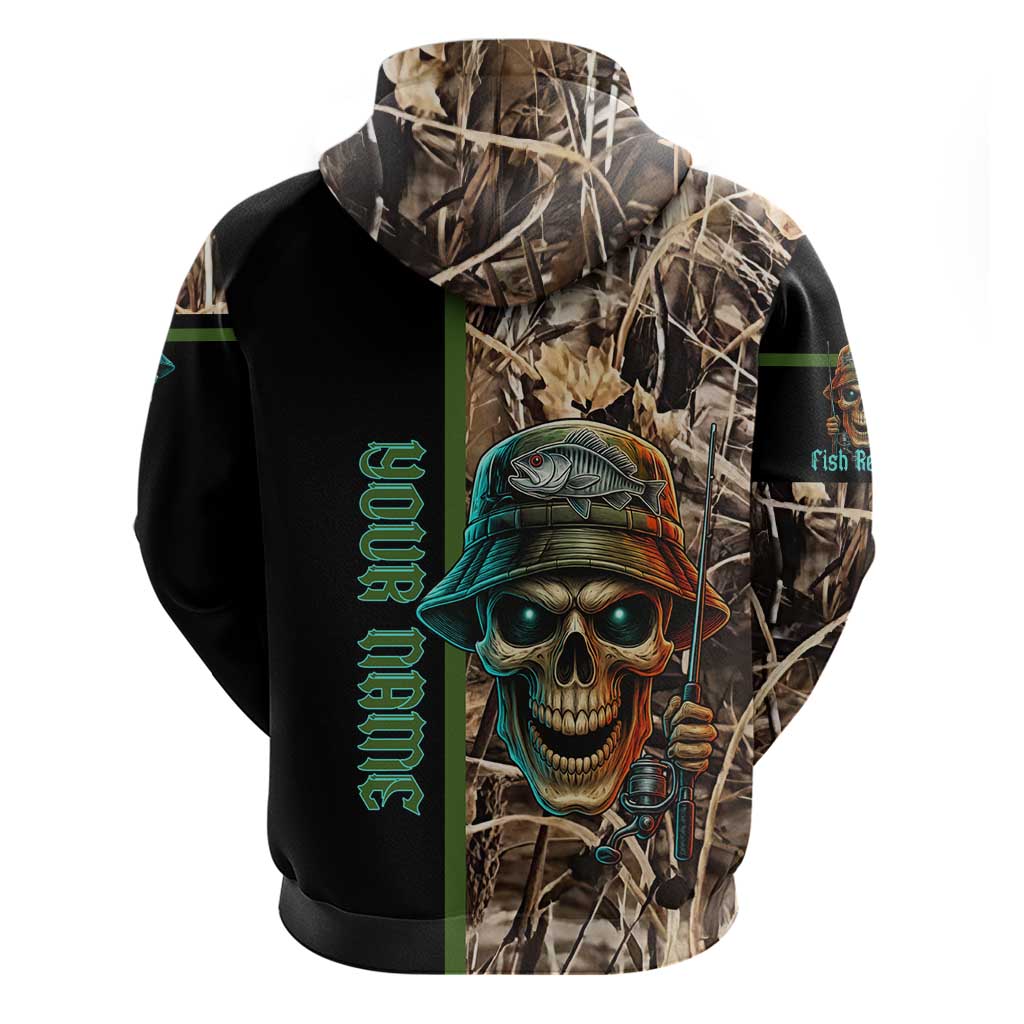 Personalized Fish Reaper Skull Hoodie Camouflage Background and Fishing Rod Graphic Design TS04