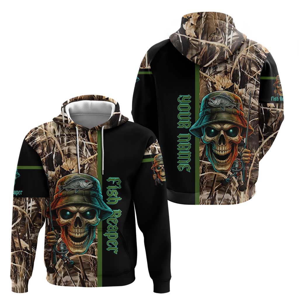 Personalized Fish Reaper Skull Hoodie Camouflage Background and Fishing Rod Graphic Design TS04