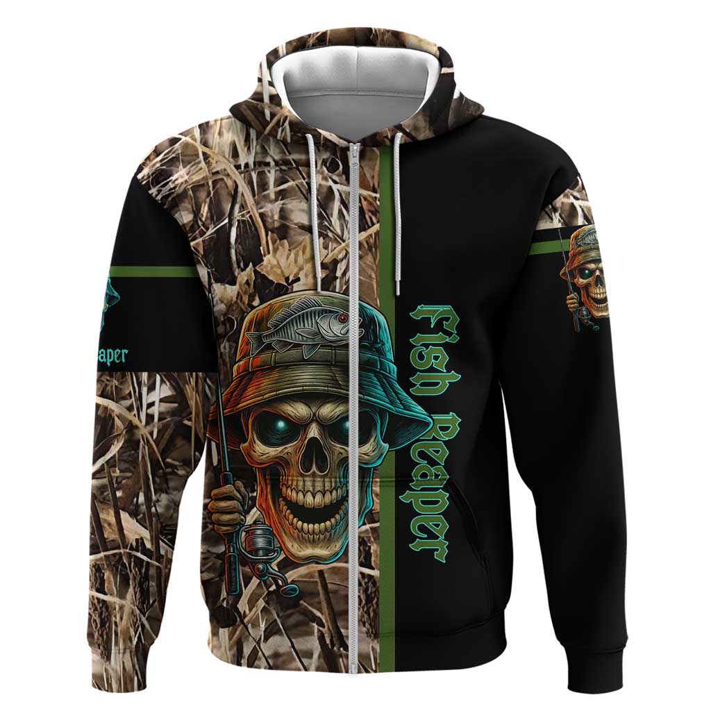 Personalized Fish Reaper Skull Hoodie Camouflage Background and Fishing Rod Graphic Design TS04