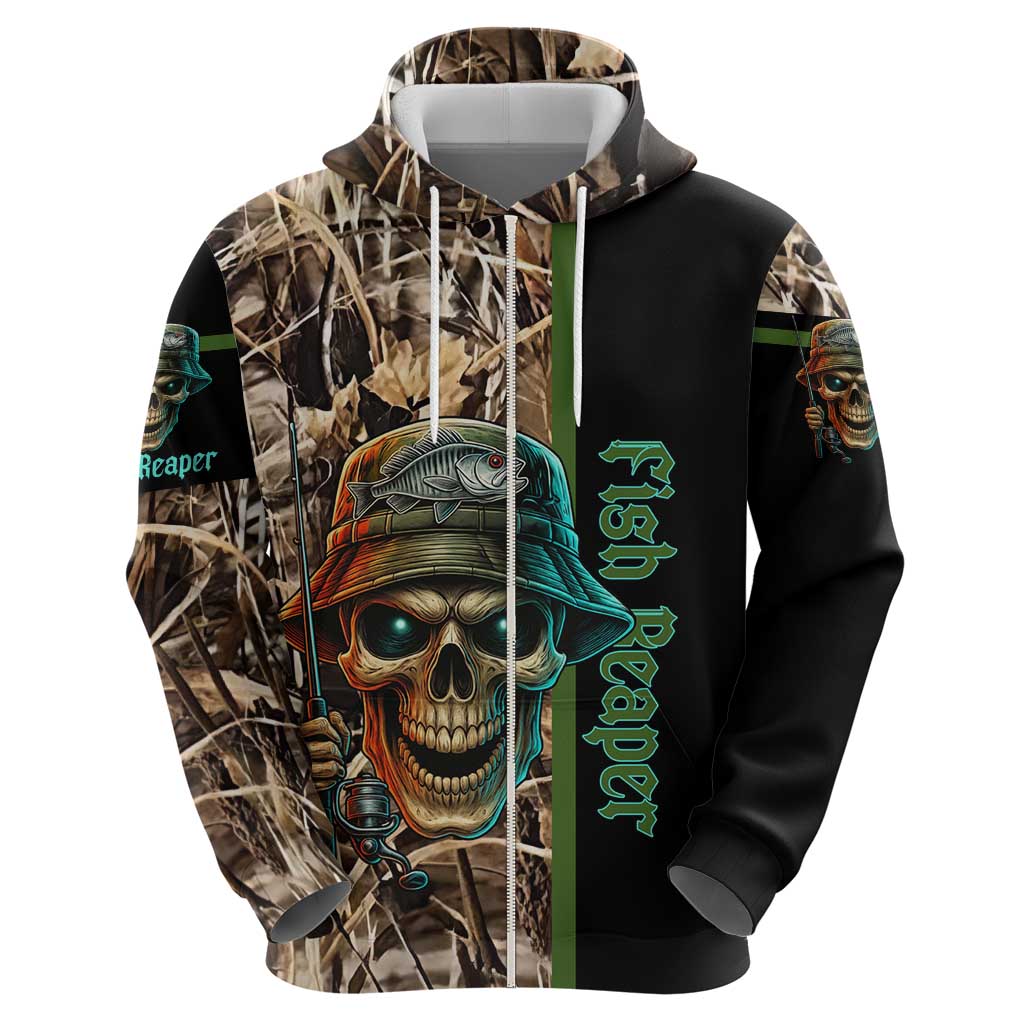 Personalized Fish Reaper Skull Hoodie Camouflage Background and Fishing Rod Graphic Design TS04