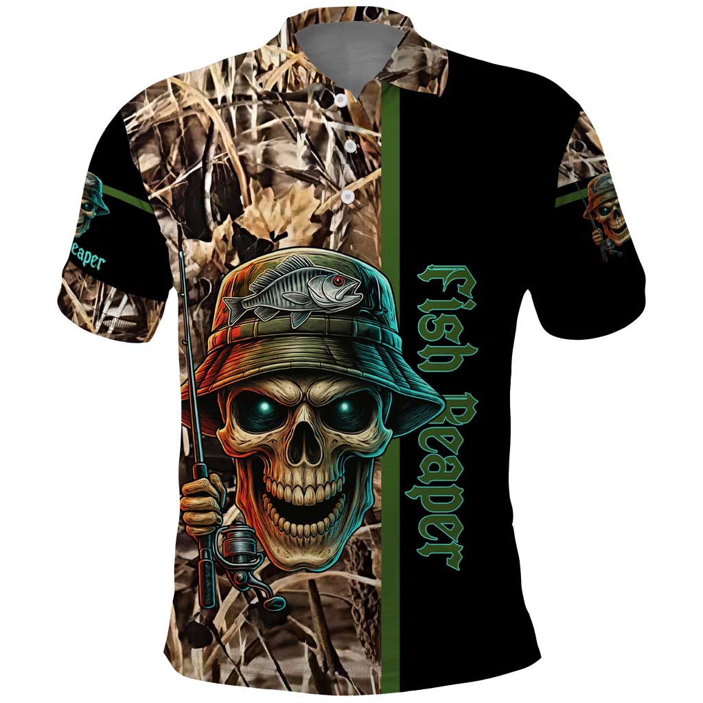 Personalized Fish Reaper Skull Polo Shirt Camouflage Background and Fishing Rod Graphic Design TS04