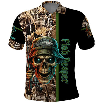 Personalized Fish Reaper Skull Polo Shirt Camouflage Background and Fishing Rod Graphic Design TS04