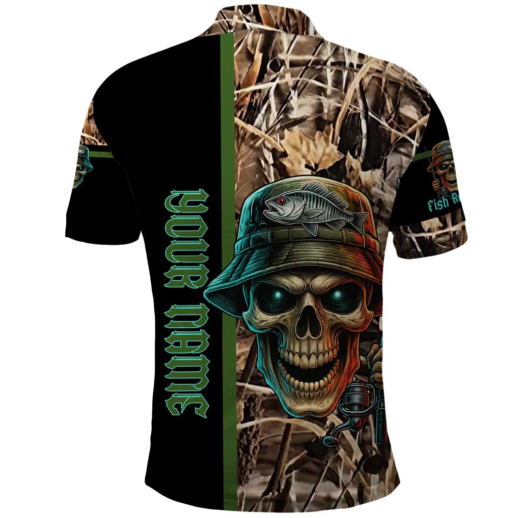 Personalized Fish Reaper Skull Polo Shirt Camouflage Background and Fishing Rod Graphic Design TS04