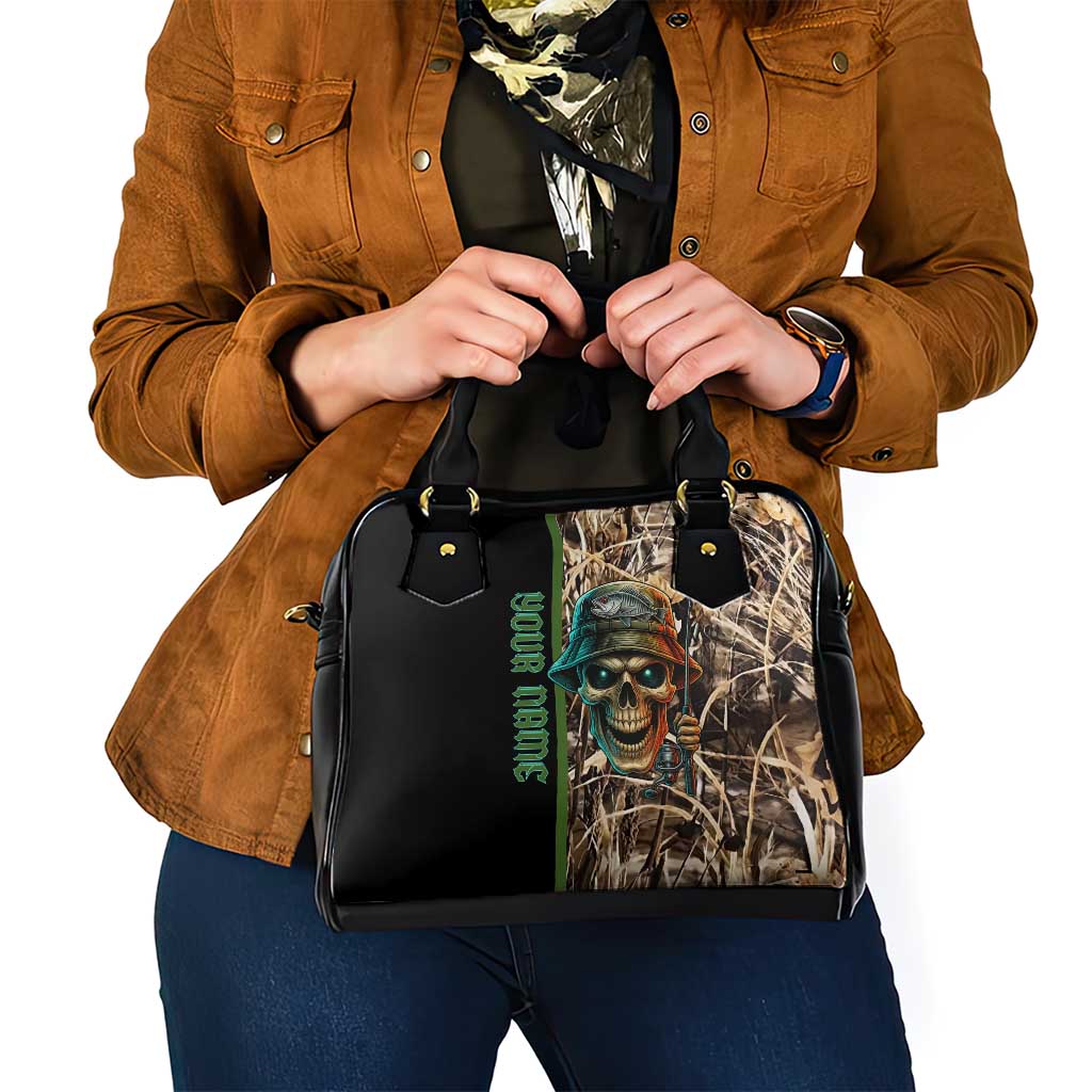 Personalized Fish Reaper Skull Shoulder Handbag Camouflage Background and Fishing Rod Graphic Design TS04