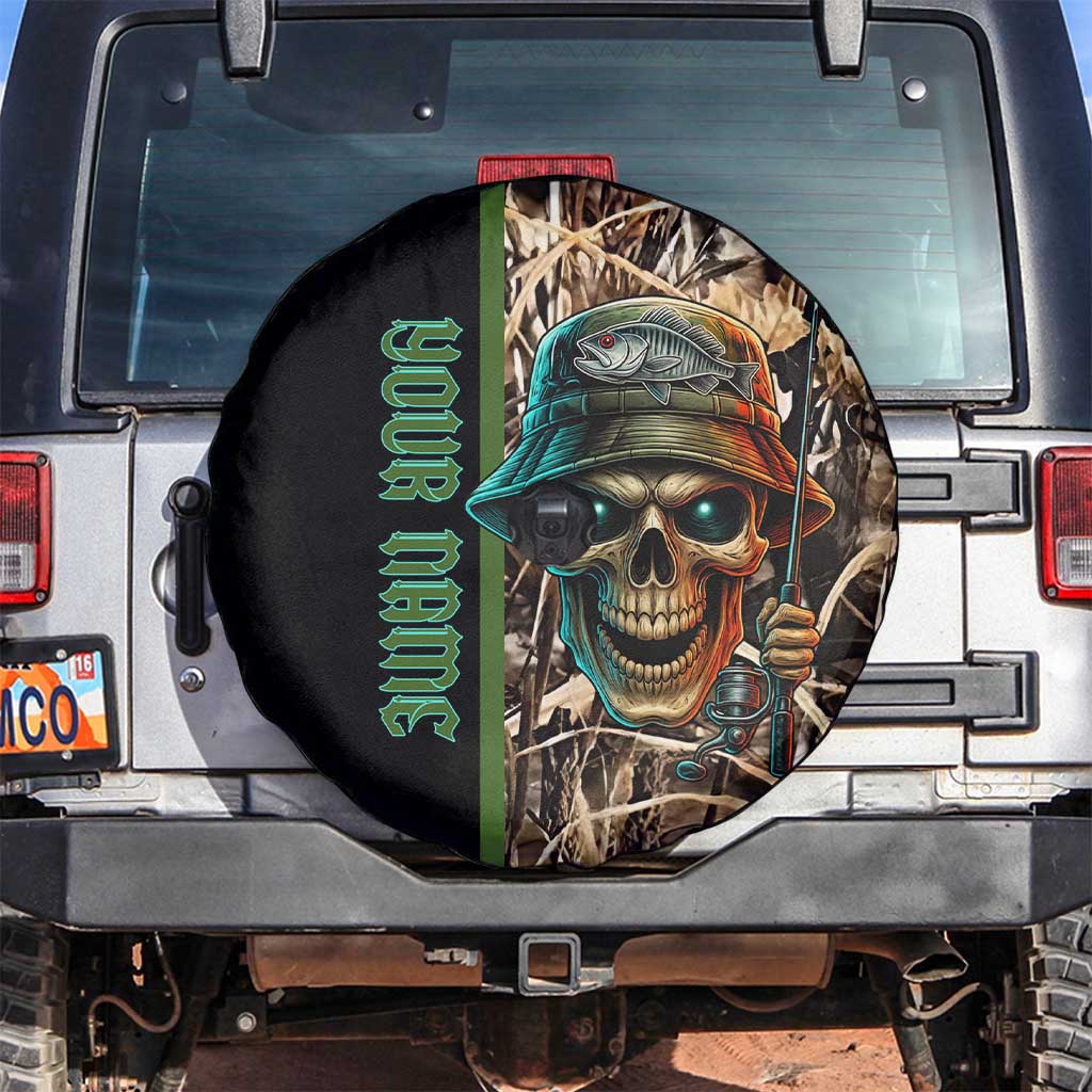 Personalized Fish Reaper Skull Spare Tire Cover Camouflage Background and Fishing Rod Graphic Design TS04