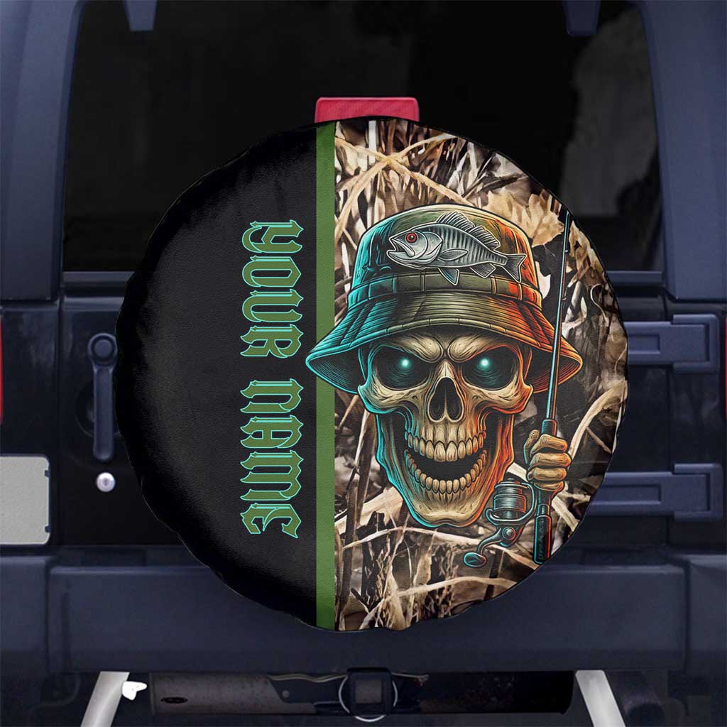 Personalized Fish Reaper Skull Spare Tire Cover Camouflage Background and Fishing Rod Graphic Design TS04