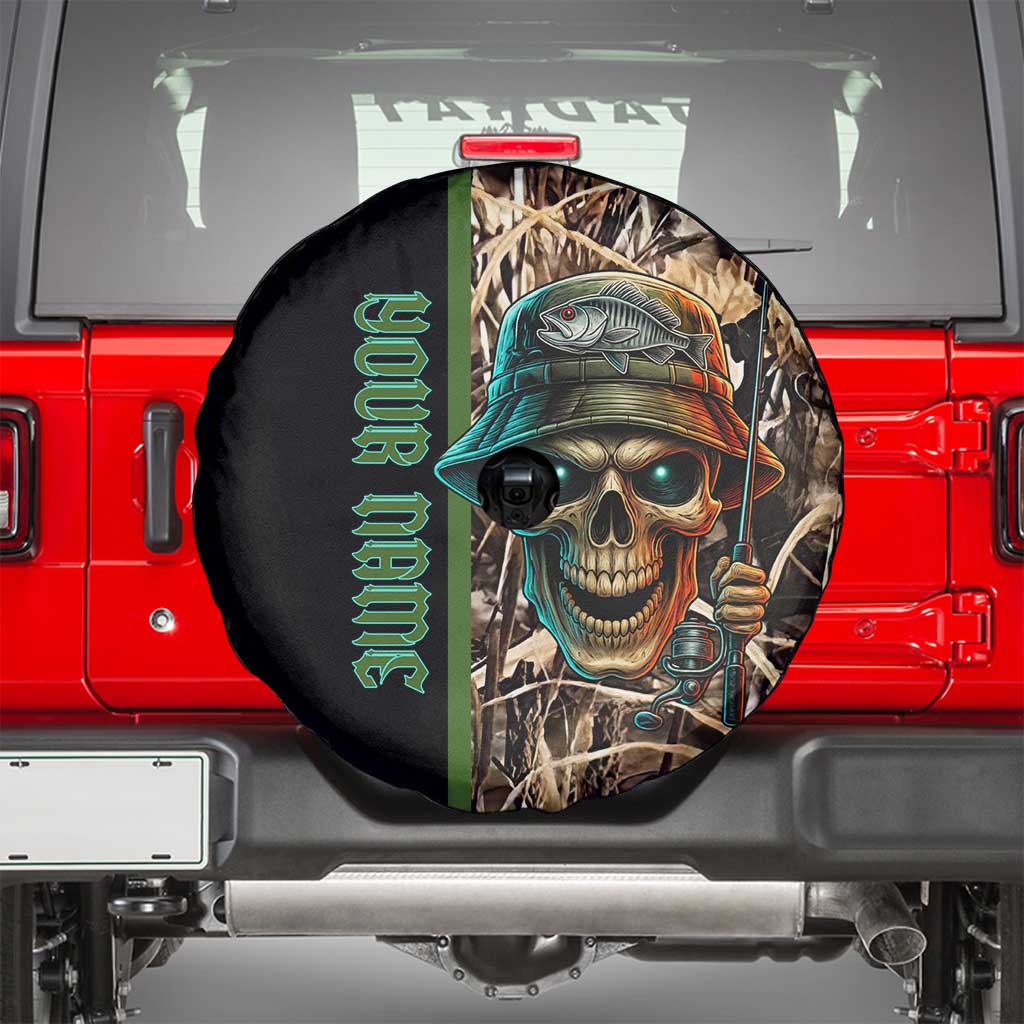Personalized Fish Reaper Skull Spare Tire Cover Camouflage Background and Fishing Rod Graphic Design TS04