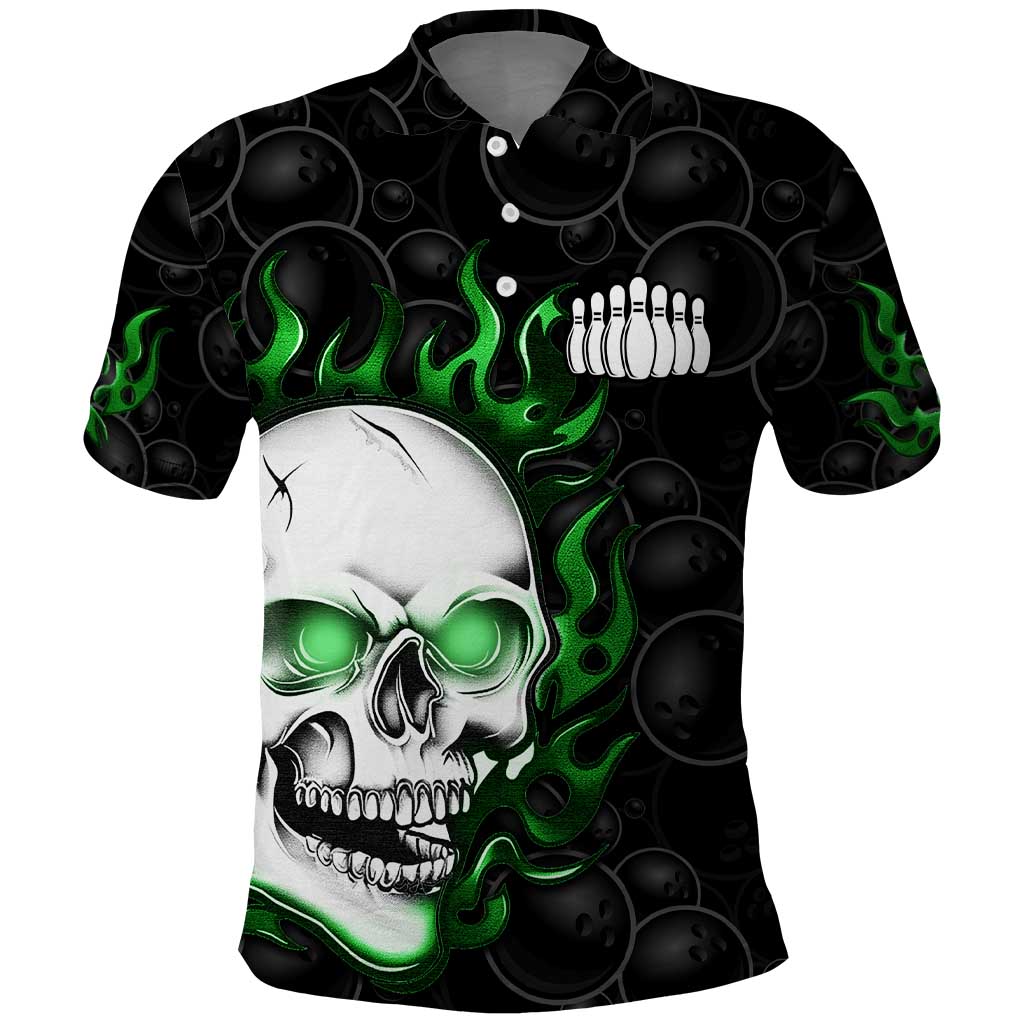Personalized Skull Bowling Polo Shirt Green Flame Skull TS04