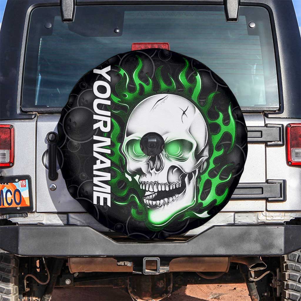Personalized Skull Bowling Spare Tire Cover Green Flame Skull TS04