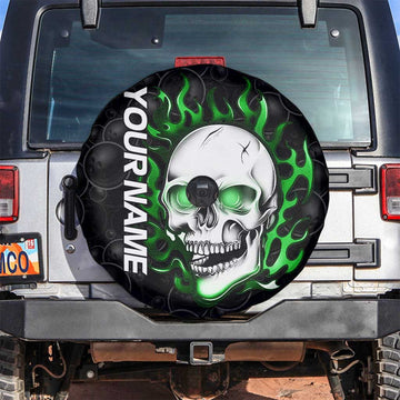 Personalized Skull Bowling Spare Tire Cover Green Flame Skull TS04