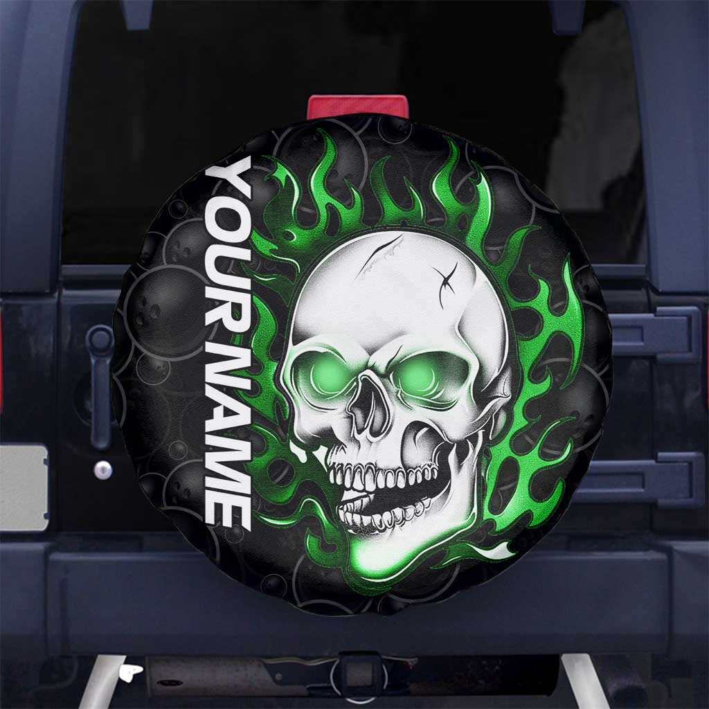 Personalized Skull Bowling Spare Tire Cover Green Flame Skull TS04