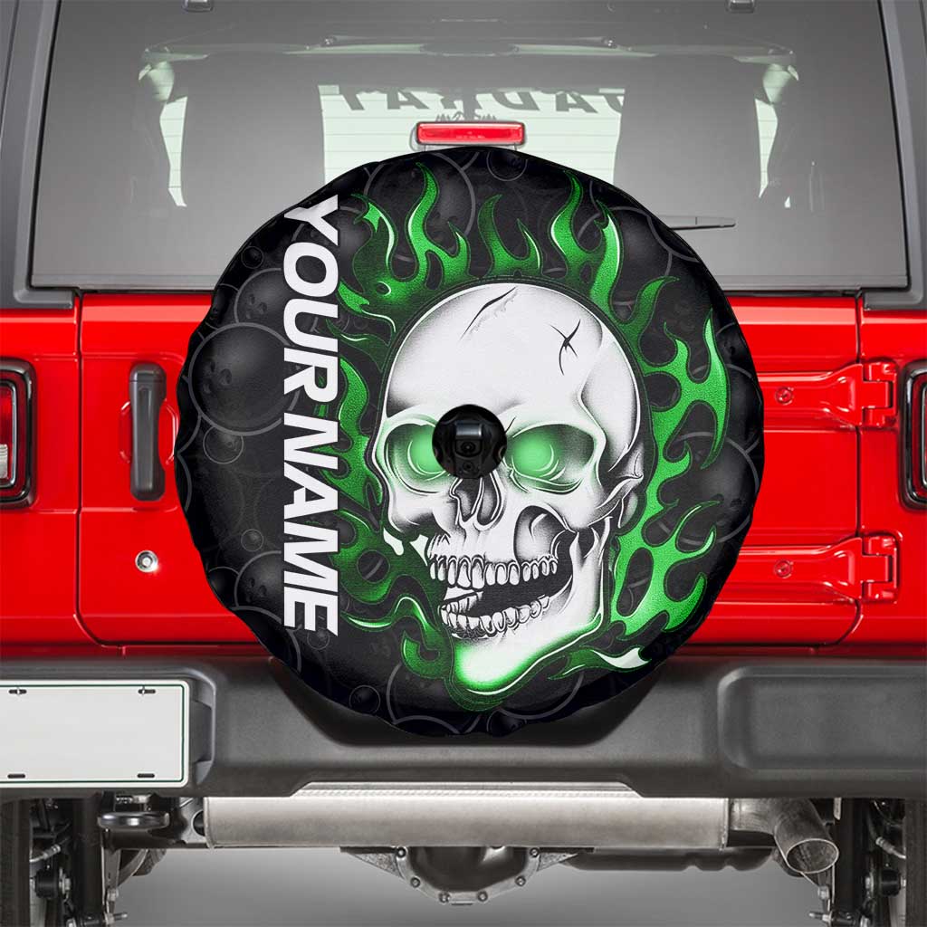 Personalized Skull Bowling Spare Tire Cover Green Flame Skull TS04