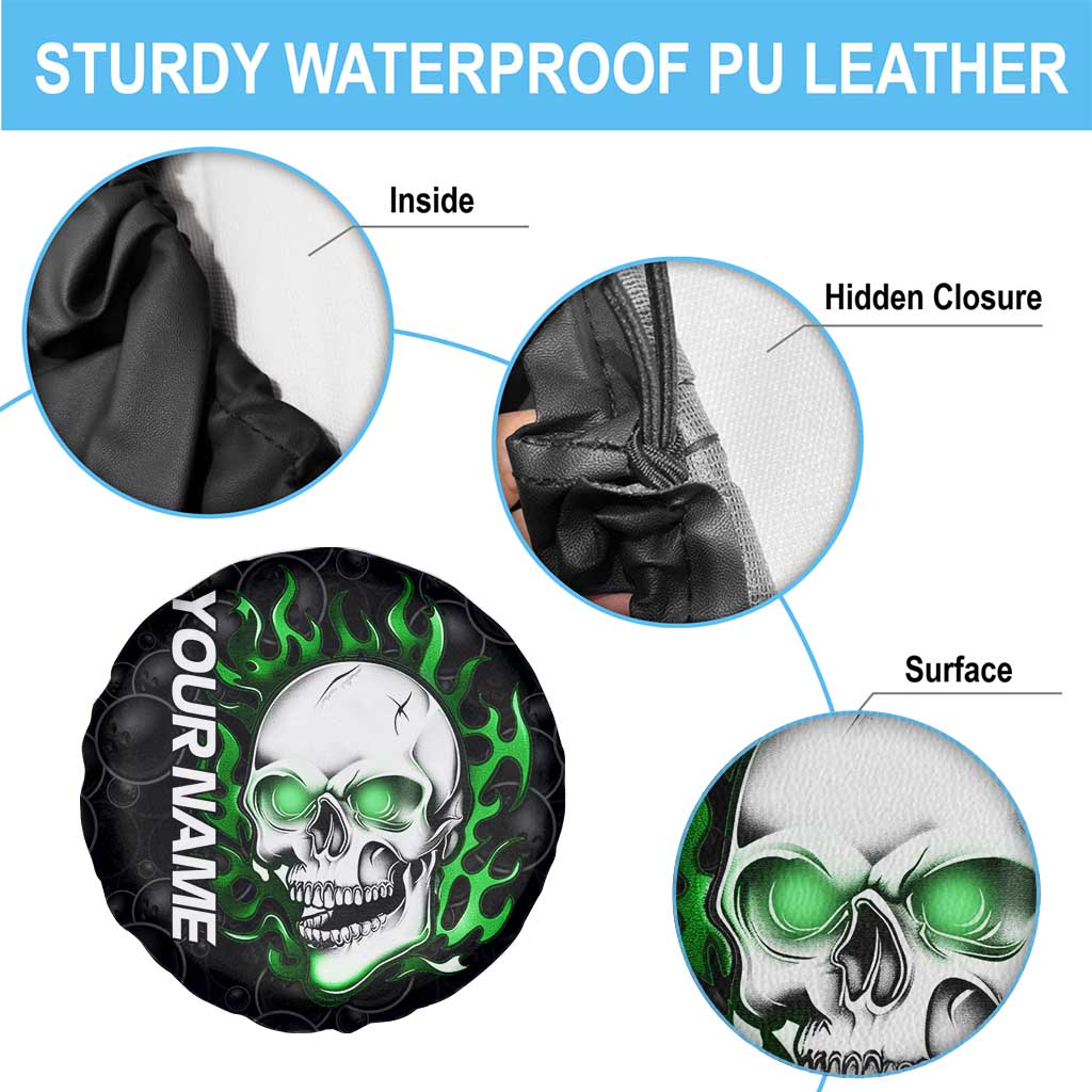 Personalized Skull Bowling Spare Tire Cover Green Flame Skull TS04