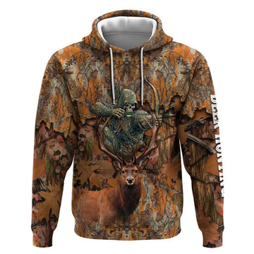 Custom Deer Hunting Hoodie Big Game Camo Forest Design and Skeleton Archer TS04