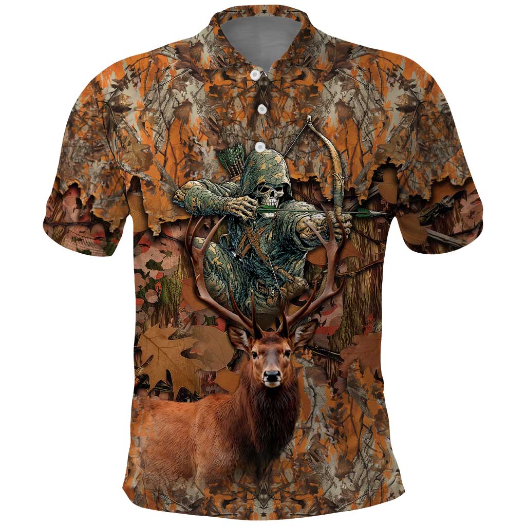 Custom Deer Hunting Polo Shirt Big Game Camo Forest Design and Skeleton Archer TS04