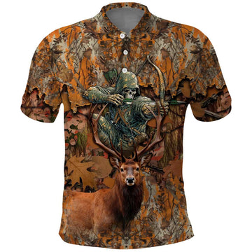 Custom Deer Hunting Polo Shirt Big Game Camo Forest Design and Skeleton Archer TS04