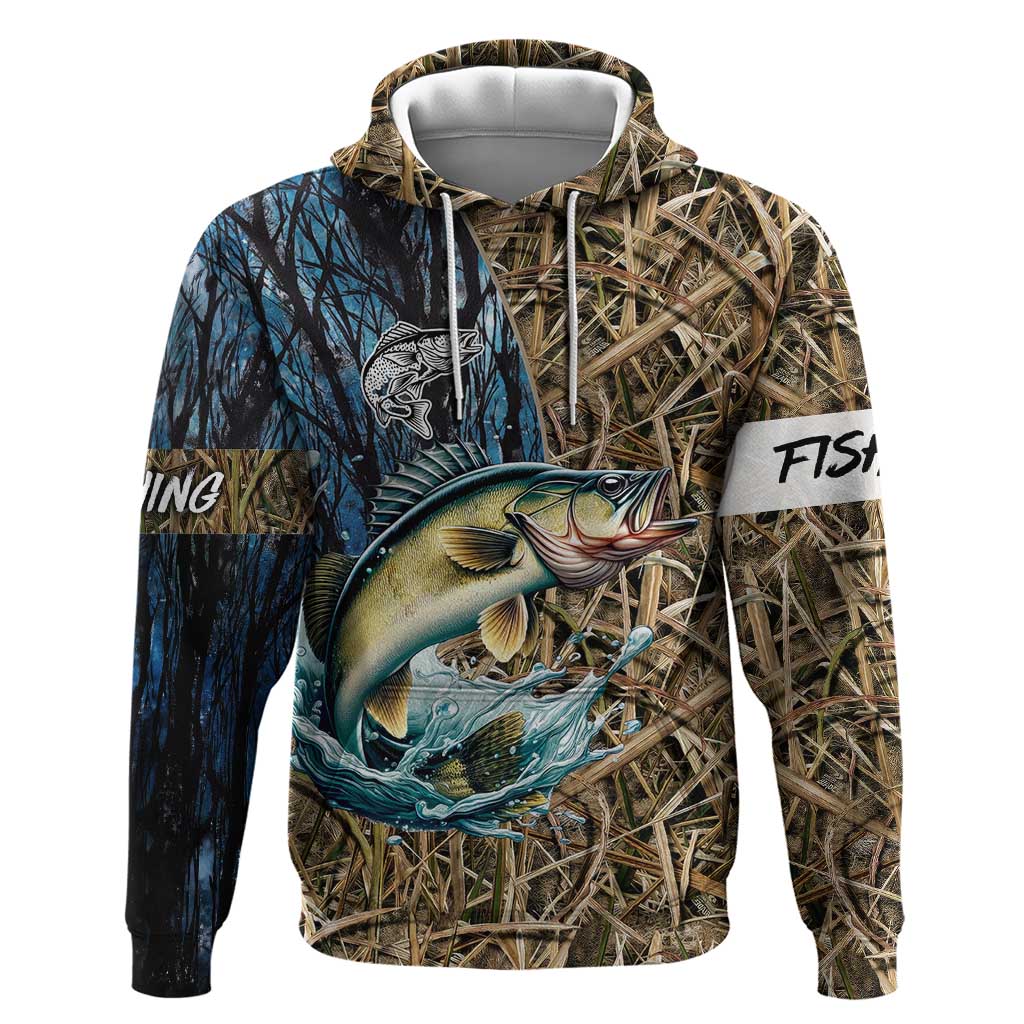 Personalized Walleye Splash Hoodie Camo Reeds and Night Forest Fishing Theme TS04