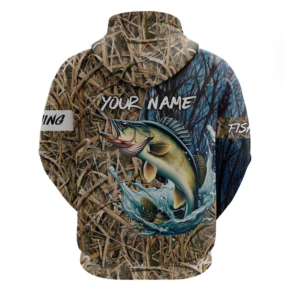 Personalized Walleye Splash Hoodie Camo Reeds and Night Forest Fishing Theme TS04