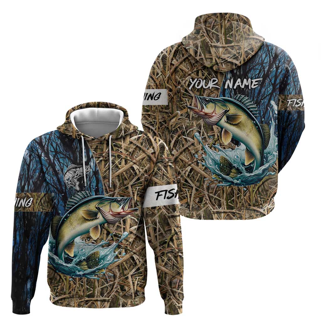 Personalized Walleye Splash Hoodie Camo Reeds and Night Forest Fishing Theme TS04