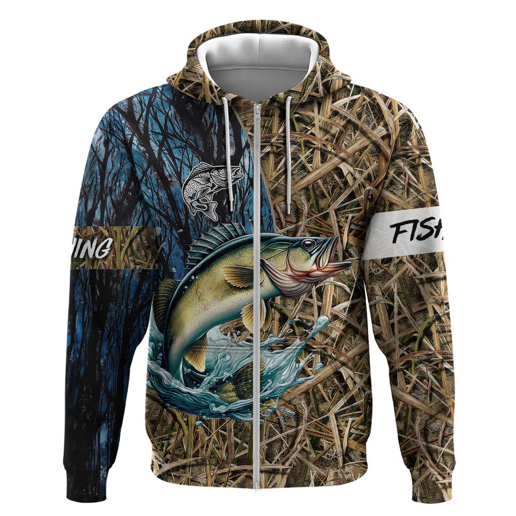 Personalized Walleye Splash Hoodie Camo Reeds and Night Forest Fishing Theme TS04