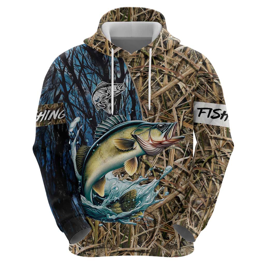 Personalized Walleye Splash Hoodie Camo Reeds and Night Forest Fishing Theme TS04