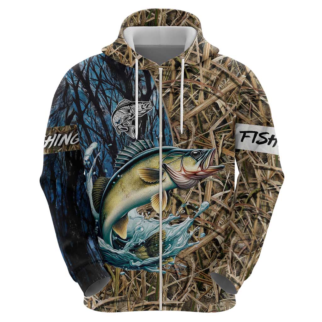 Personalized Walleye Splash Hoodie Camo Reeds and Night Forest Fishing Theme TS04