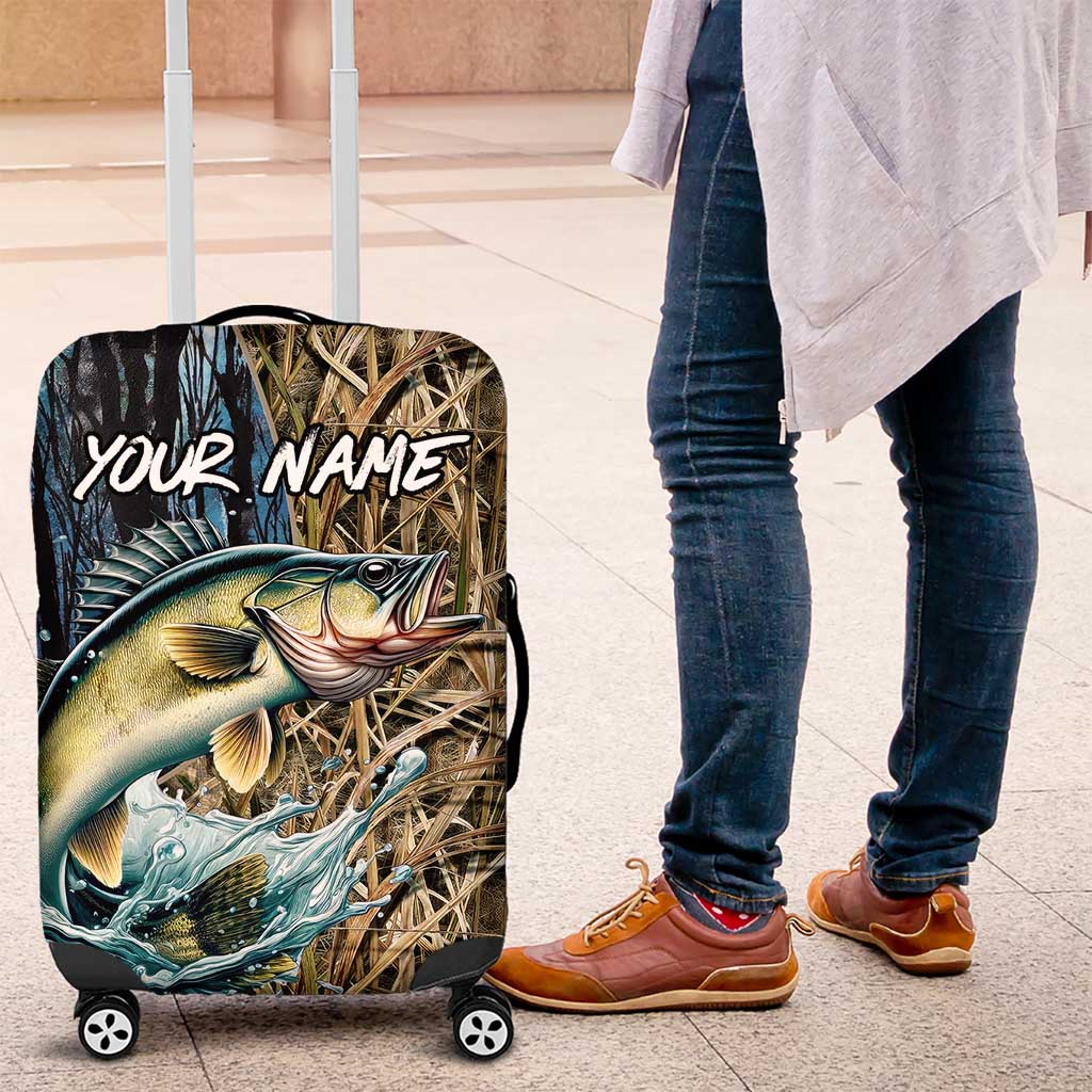 Personalized Walleye Splash Luggage Cover Camo Reeds and Night Forest Fishing Theme TS04