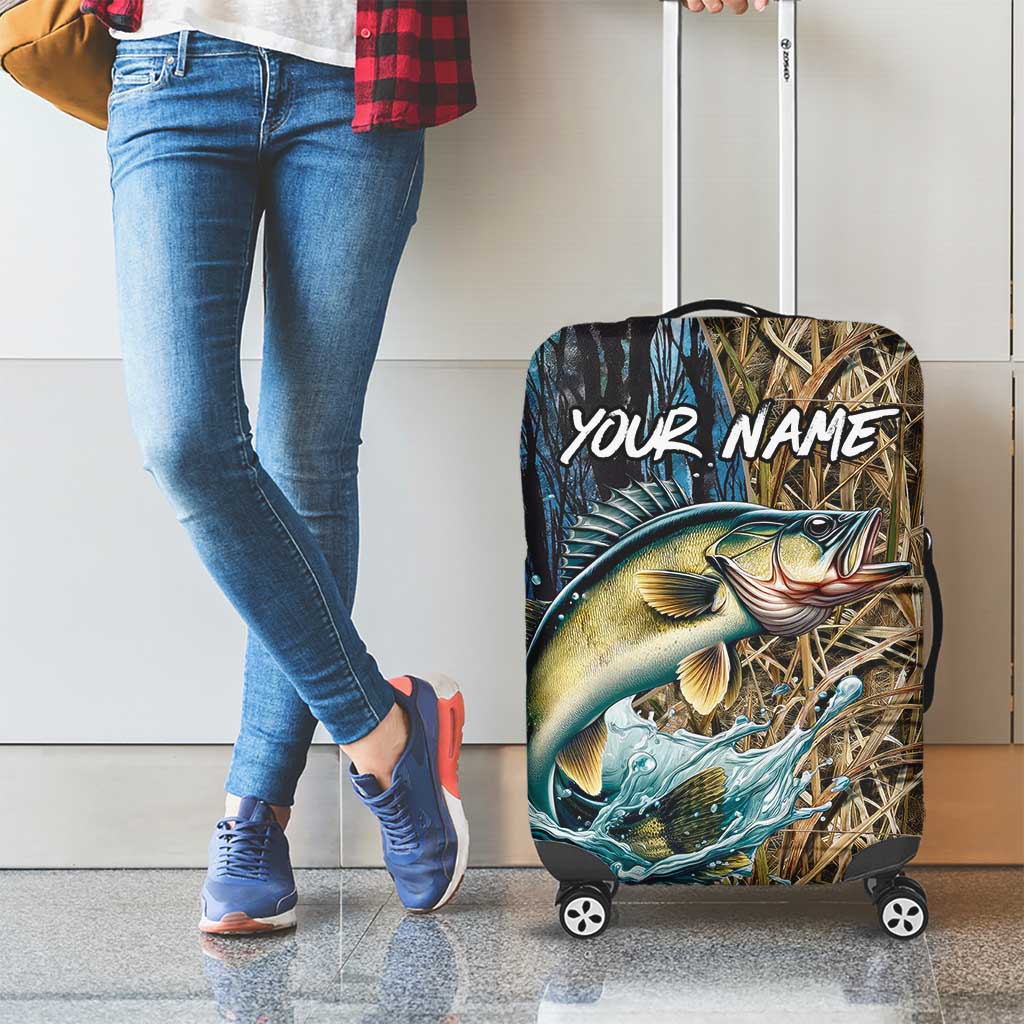 Personalized Walleye Splash Luggage Cover Camo Reeds and Night Forest Fishing Theme TS04