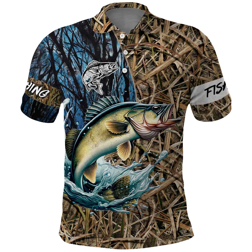 Personalized Walleye Splash Polo Shirt Camo Reeds and Night Forest Fishing Theme TS04