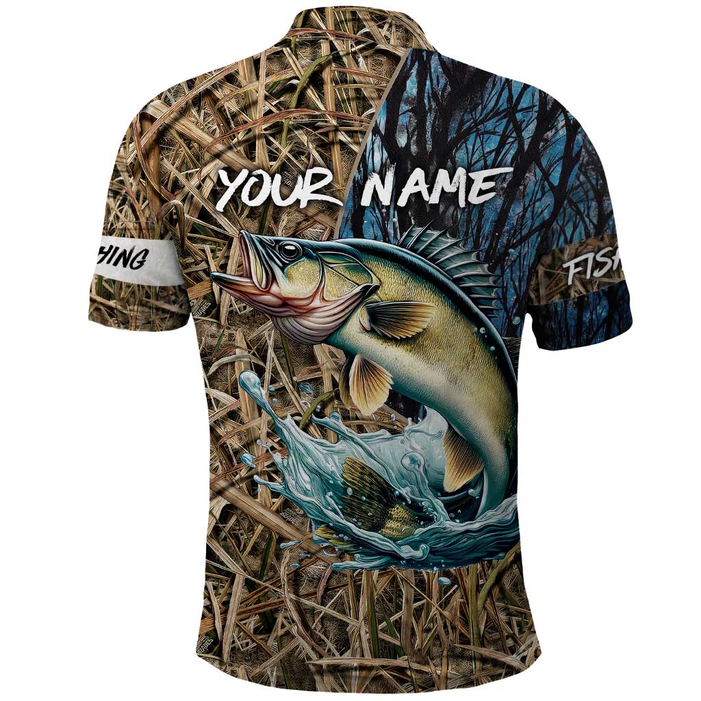 Personalized Walleye Splash Polo Shirt Camo Reeds and Night Forest Fishing Theme TS04