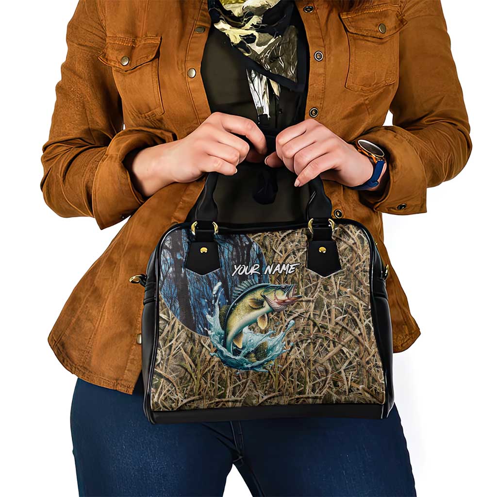 Personalized Walleye Splash Shoulder Handbag Camo Reeds and Night Forest Fishing Theme TS04