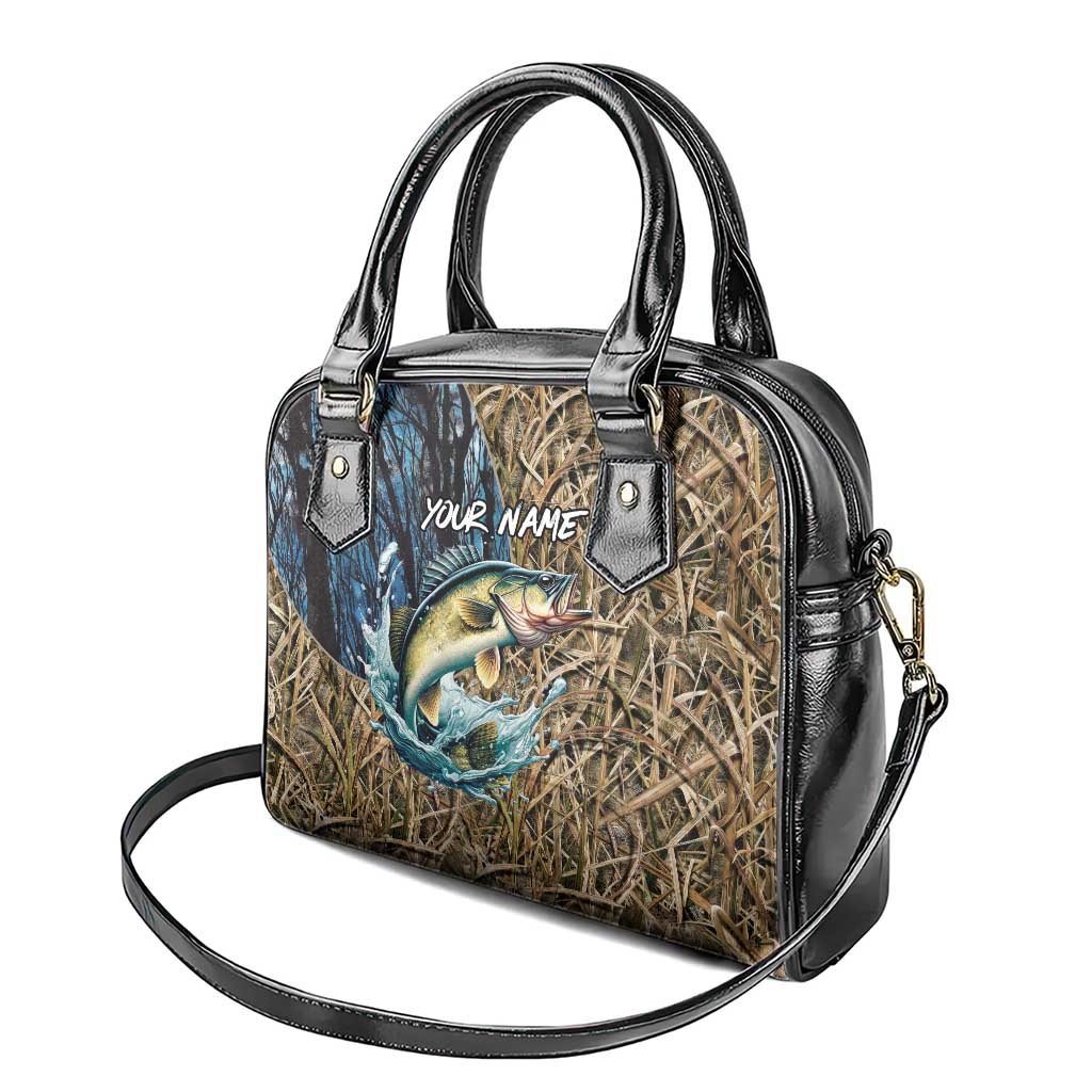 Personalized Walleye Splash Shoulder Handbag Camo Reeds and Night Forest Fishing Theme TS04