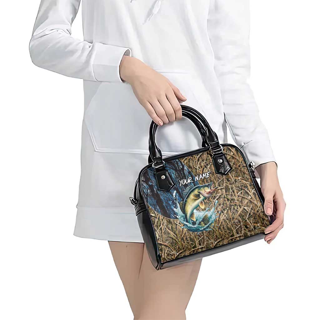 Personalized Walleye Splash Shoulder Handbag Camo Reeds and Night Forest Fishing Theme TS04