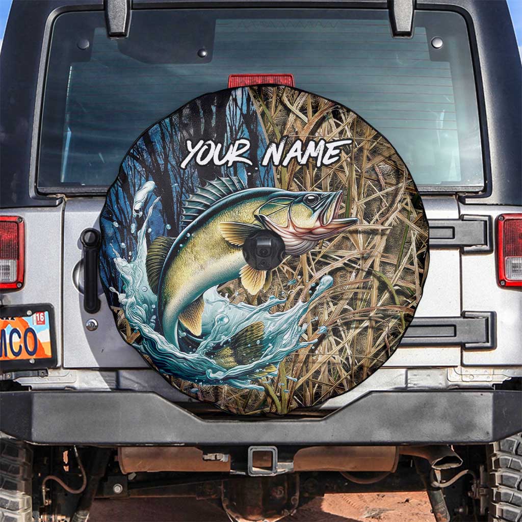 Personalized Walleye Splash Spare Tire Cover Camo Reeds and Night Forest Fishing Theme TS04