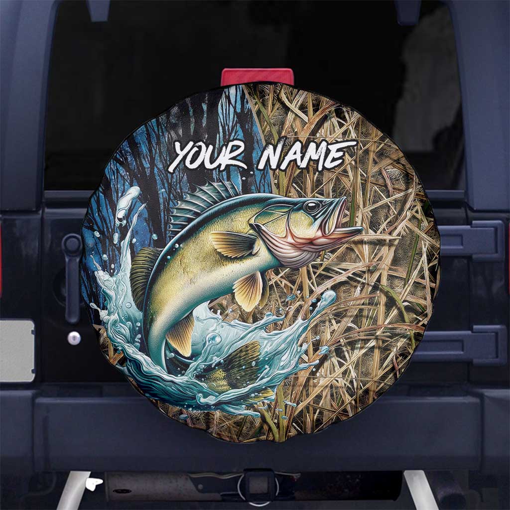 Personalized Walleye Splash Spare Tire Cover Camo Reeds and Night Forest Fishing Theme TS04