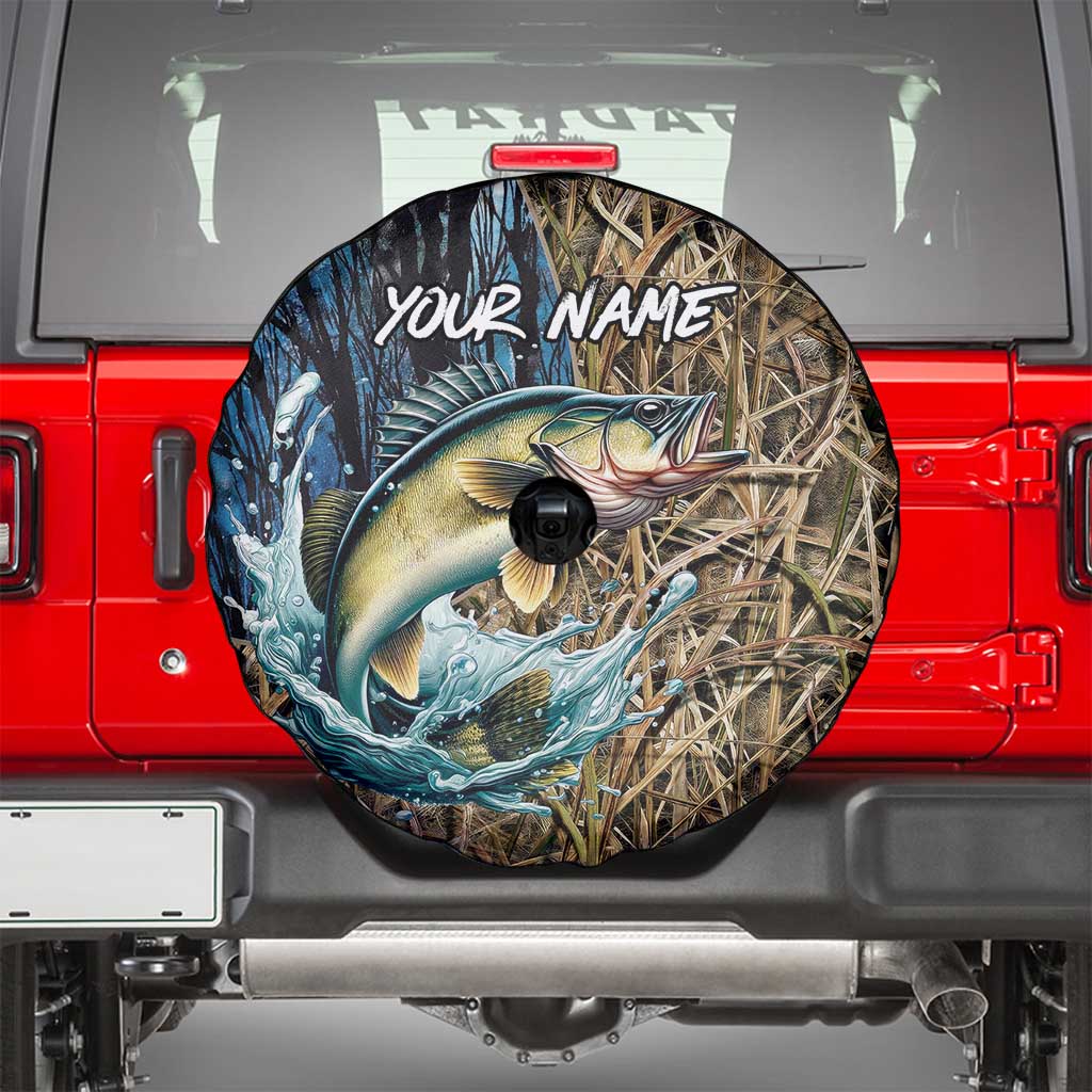 Personalized Walleye Splash Spare Tire Cover Camo Reeds and Night Forest Fishing Theme TS04