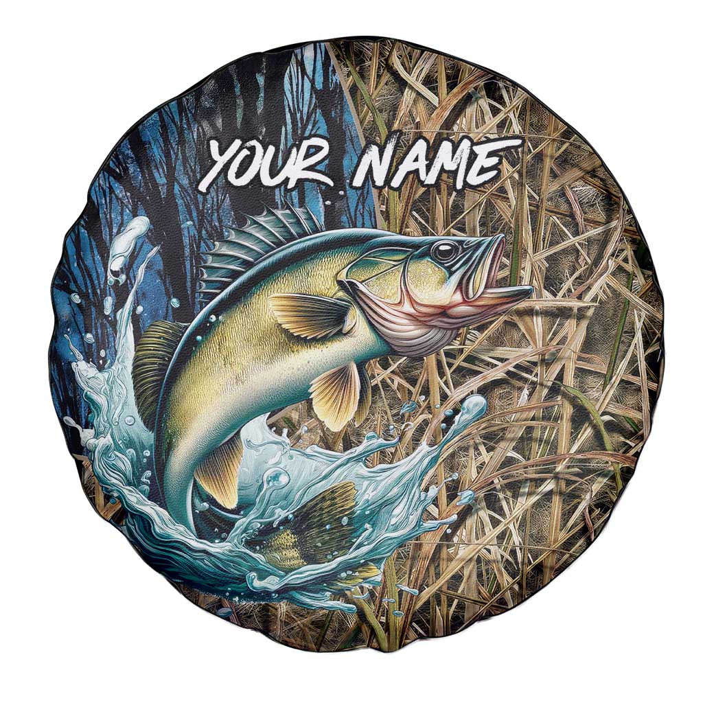 Personalized Walleye Splash Spare Tire Cover Camo Reeds and Night Forest Fishing Theme TS04