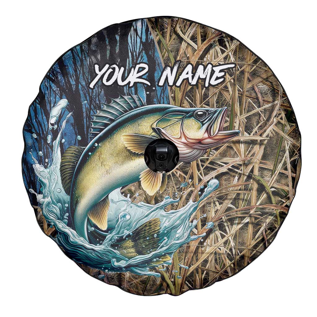 Personalized Walleye Splash Spare Tire Cover Camo Reeds and Night Forest Fishing Theme TS04