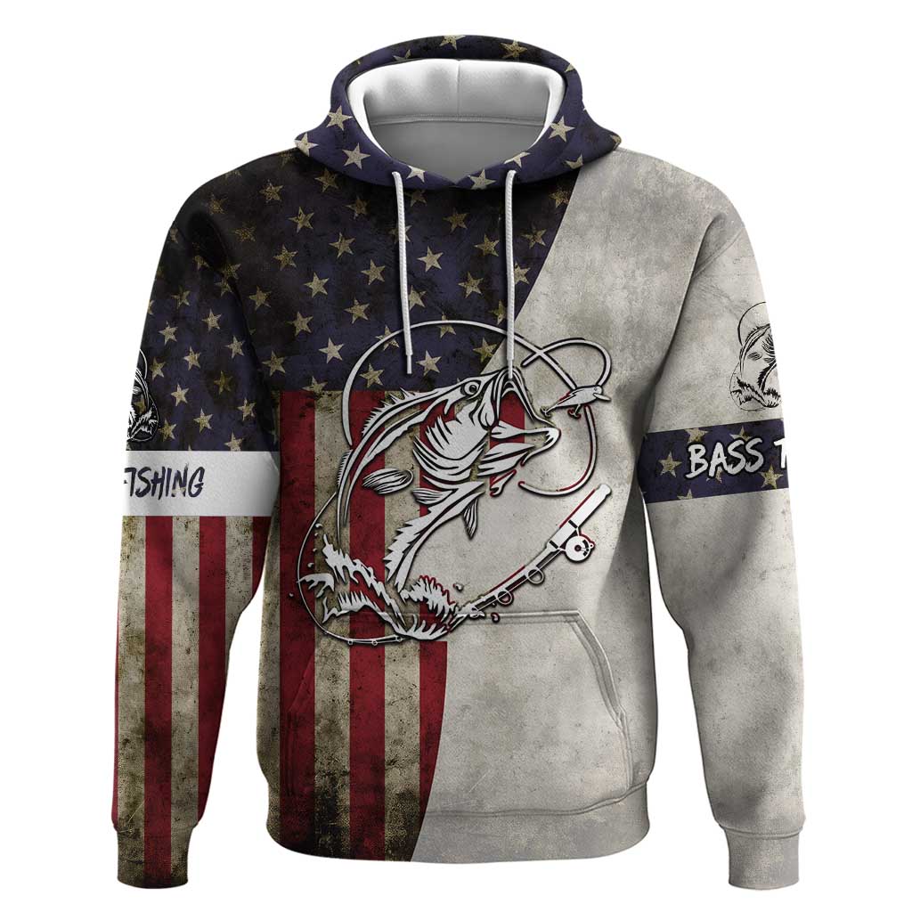 Personalized Distressed American Flag Bass Fishing Hoodie Hooked Fish and Rustic Vintage Theme TS04