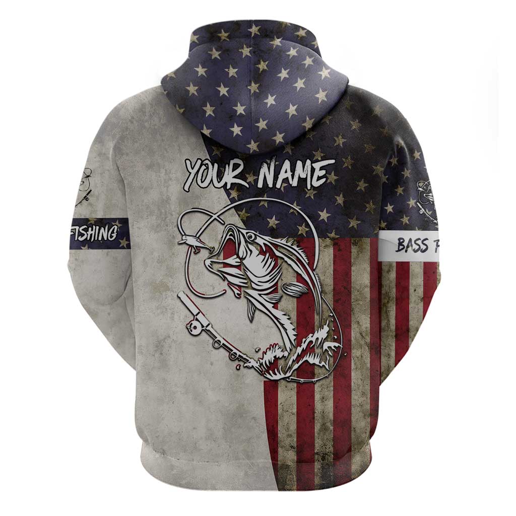 Personalized Distressed American Flag Bass Fishing Hoodie Hooked Fish and Rustic Vintage Theme TS04