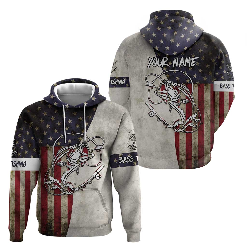 Personalized Distressed American Flag Bass Fishing Hoodie Hooked Fish and Rustic Vintage Theme TS04