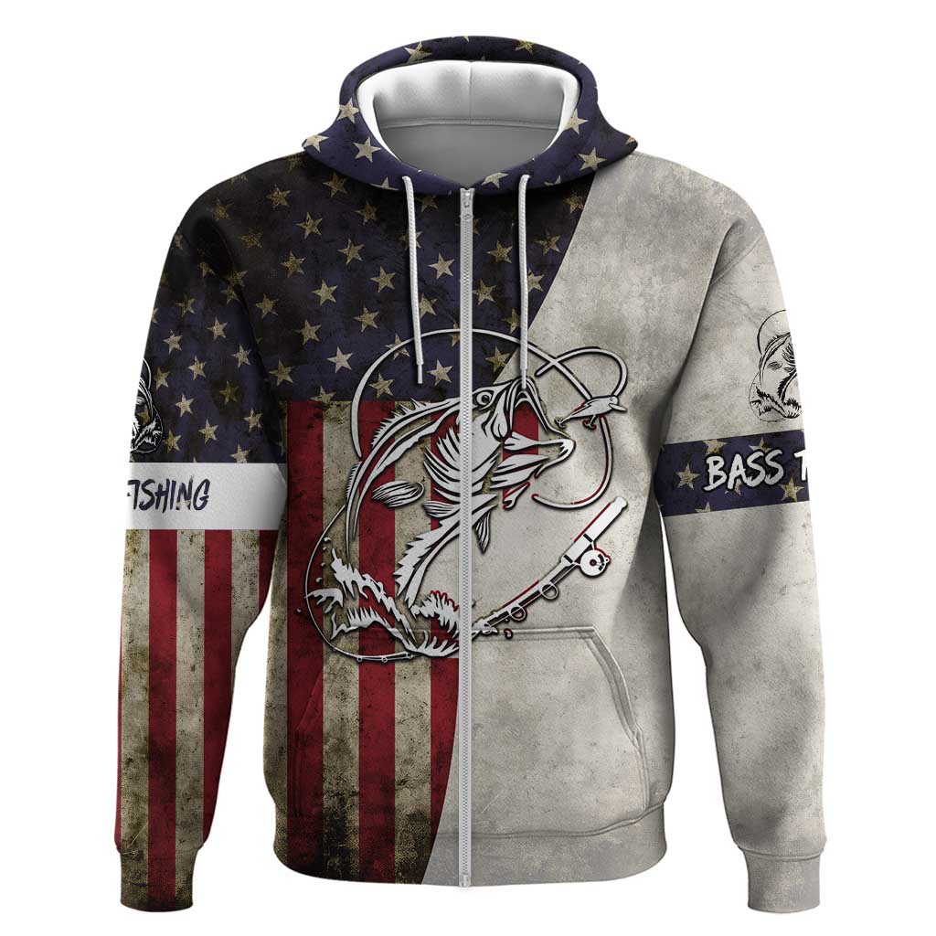 Personalized Distressed American Flag Bass Fishing Hoodie Hooked Fish and Rustic Vintage Theme TS04