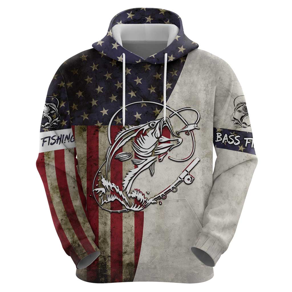 Personalized Distressed American Flag Bass Fishing Hoodie Hooked Fish and Rustic Vintage Theme TS04
